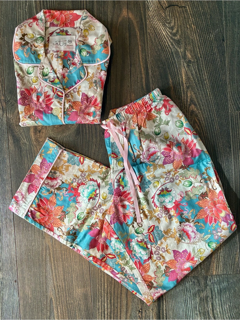 Stunning NWT Cat’s Pyjamas Luxe Pima Cotton Capri Pjs Floral Pink & Turquoise XS